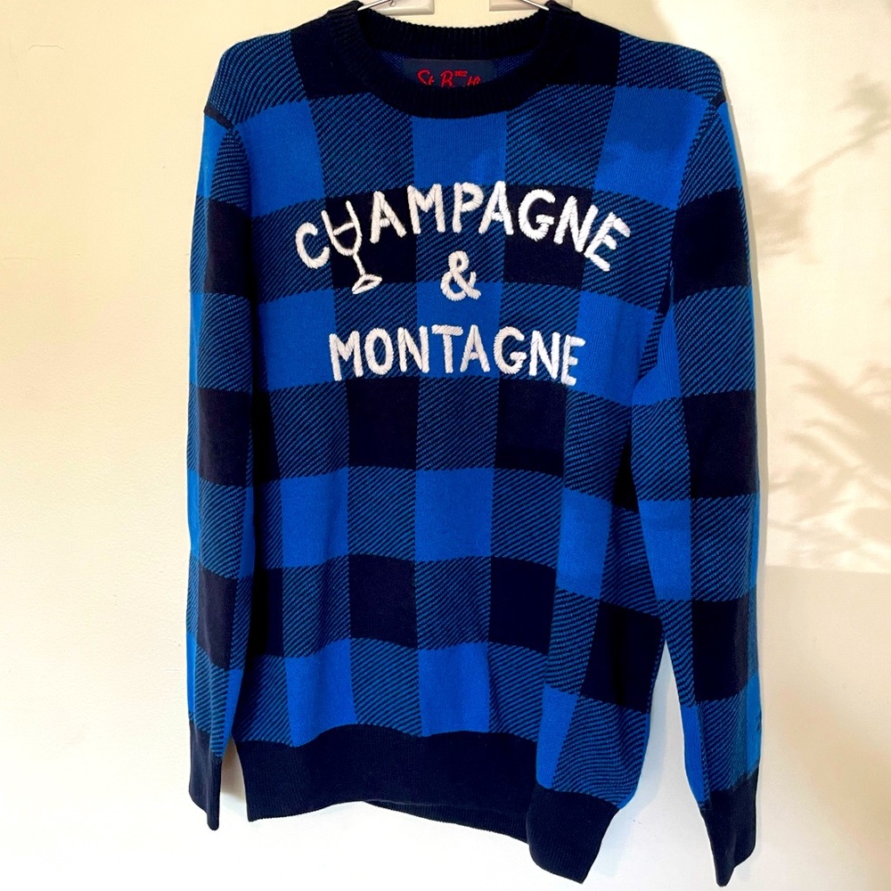 MC2 Saint Barth blue and black checkered & embroidered Men’s lightweight sweater